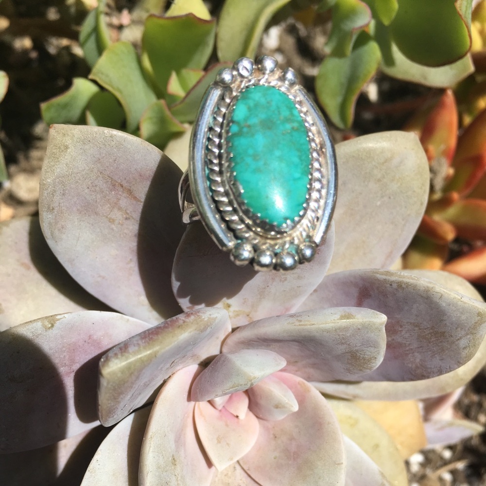 Silver Oval Blue Green Turquoise Ring Size 10